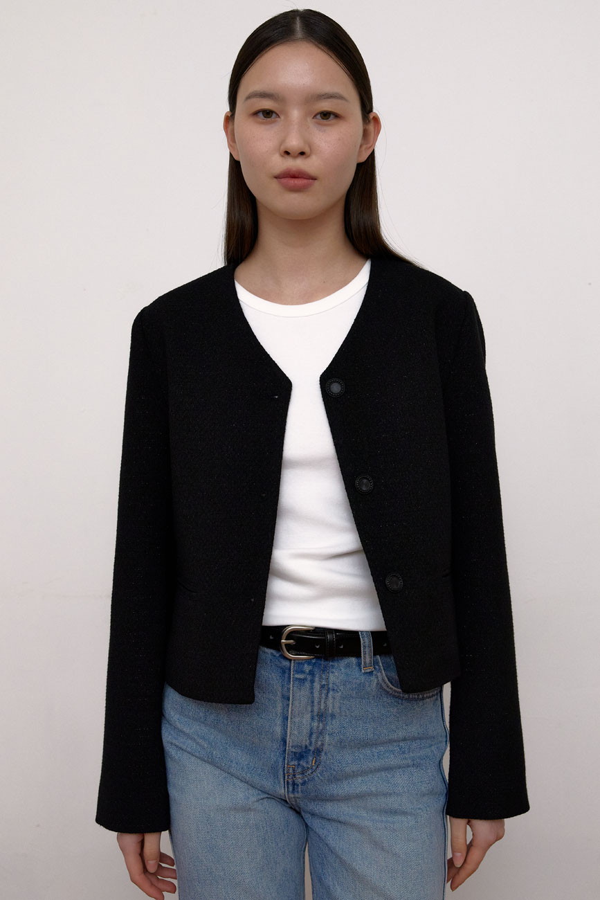 [RE] V-neck Tweed Jacket (Black)